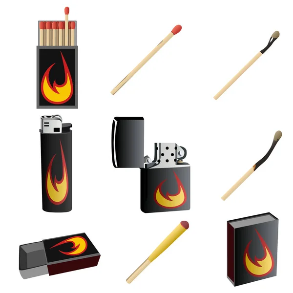 Matches and lighters, set of nine elements, vector image isolated on white background — Stock Illustration Matches Lighters Set Nine Elements Vector Image Isolated White Background Royalty Free Stock Illustrations
