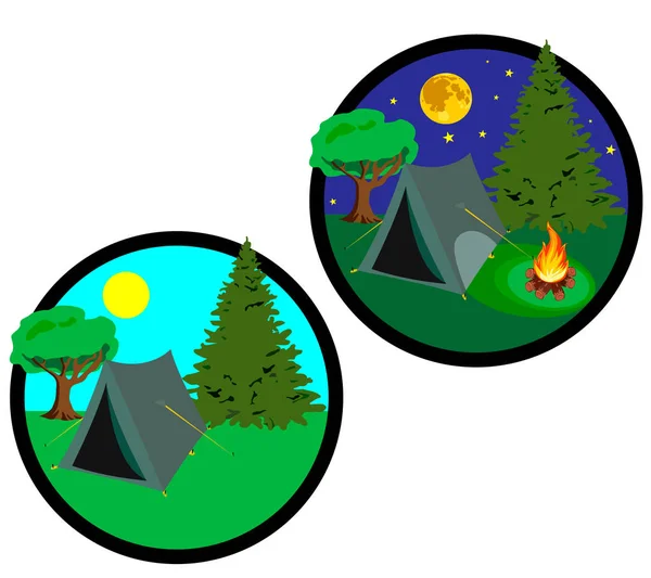 icons which shows the elements of travel day and night with a tent, fire and starry sky.