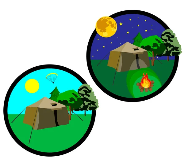 Ikoner som visar elementen i resor dag och natt med tält, brand och stjärnhimmel. — Stock vektor