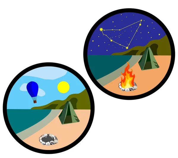 icons which shows the elements of travel day and night with a tent, fire and starry sky.