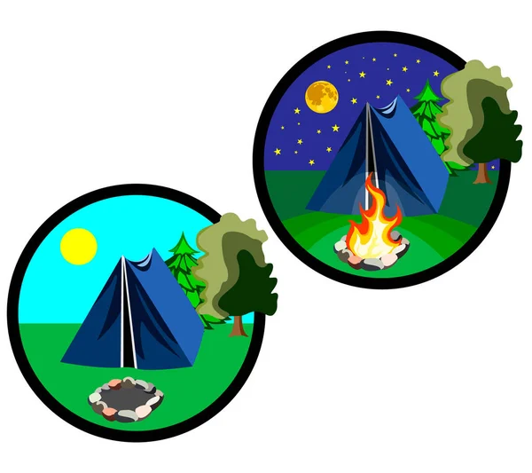 Iconos que muestran los elementos de viaje día y noche con una tienda de campaña, fuego y cielo estrellado . — Vector de stock