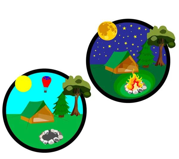 Symbole, die die Elemente der Reise Tag und Nacht mit einem Zelt, Feuer und Sternenhimmel zeigt. — Stockvektor