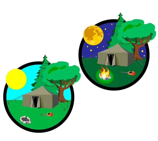 Ikoner som visar elementen i resor dag och natt med tält, brand och stjärnhimmel. — Stock vektor