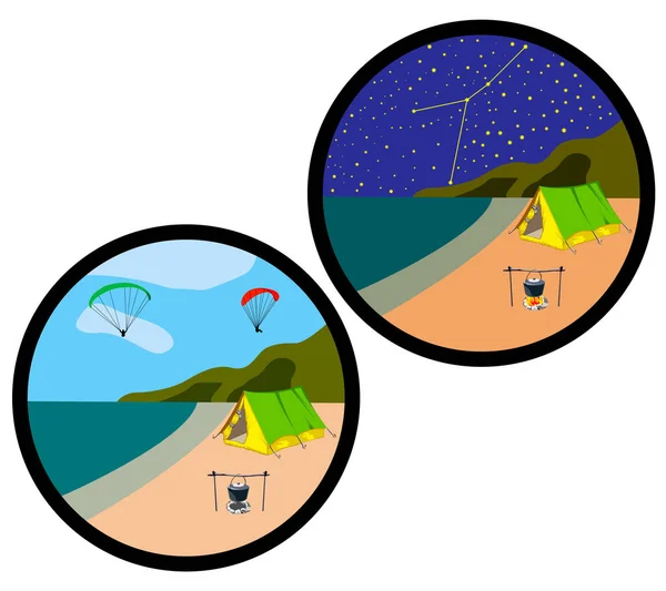 Icônes qui montre les éléments de voyage jour et nuit avec une tente, feu et ciel étoilé . — Image vectorielle