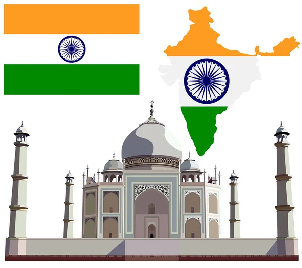 Αξιοθέατα της Ινδίας με τους εθνική σημαία και το έδαφος της χώρας — Διανυσματικό Αρχείο