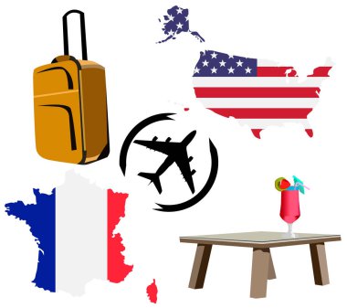 Üzerinden seyahat Amerika ve arka, turizm, illüstrasyon izole beyaz arka plan üzerinde