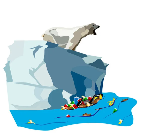 Белый медведь на айсбергах. Все море усеяно разным мусором . — стоковый вектор