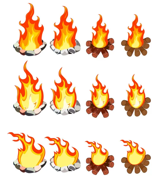 A set of twelve images of fire of different shapes. — Stock Vector