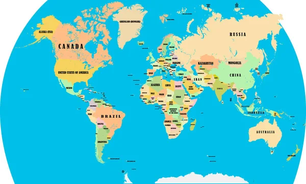 Silueta de un mapa del mundo con todos los continentes y grandes islas, todos los países, vector — Vector de stock