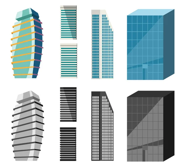 Conjunto de arranha-céus e edifícios altos. Edifícios de várias formas em cores e preto e branco . — Vetor de Stock