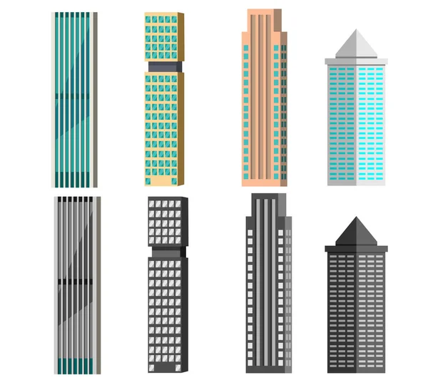 Gökdelenler ve uzun binalar seti. Renk ve siyah-beyaz çeşitli şekillerde binalar.