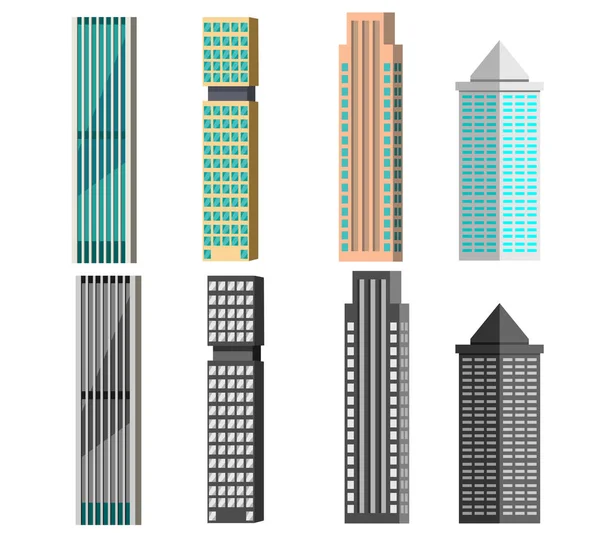 마천루와 고층 건물의 집합입니다. 컬러와 흑백의 다양 한 모양의 건물. — 스톡 벡터