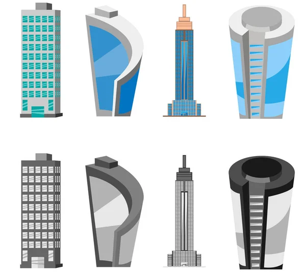 Wolkenkratzer und hohe Gebäude. Gebäude in verschiedenen Formen in Farbe und Schwarz-Weiß. — Stockvektor