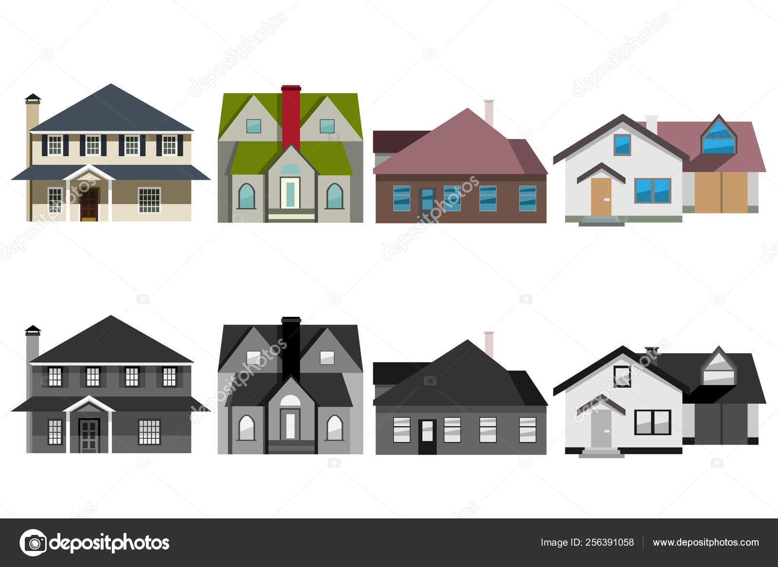 Set of four private homes in two color shapes, colored and black and ...