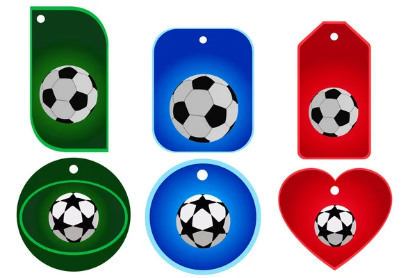 Conjunto de pelotas de fútbol, seis iconos, colores verde, rojo y azul — Vector de stock