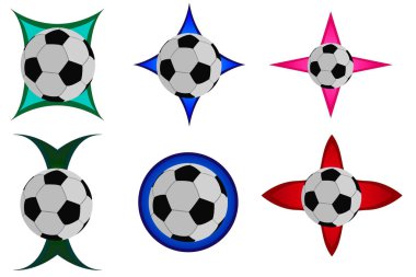 Futbol topları, altı simgeler, yeşil, kırmızı ve mavi renkler seti