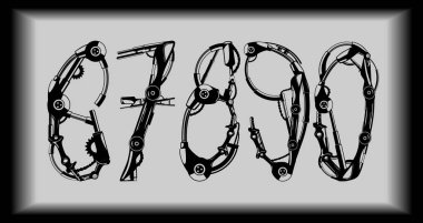 Vektör mekanik siber yazı tipi numaraları. A, B, C alfabesinin üç harfi robotların ve mekanizmaların elemanları. Teller, dişliler, vb.