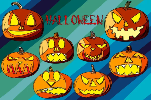 Set of eight pumpkins for Halloween. Wallpaper on the wall for the holiday. Unusual inscription Halloween. Pumpkins with different expressions of emotions. — Stock Vector