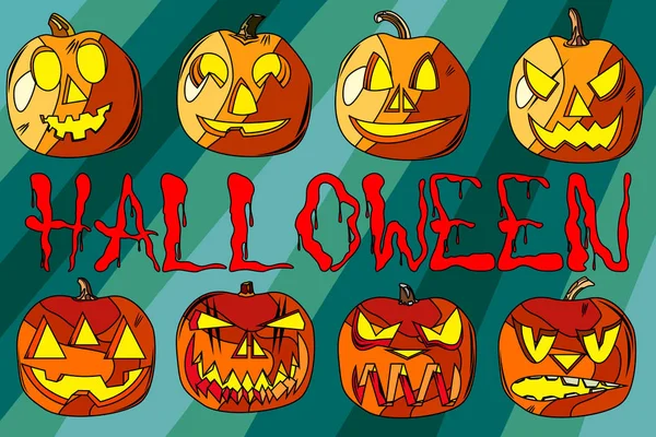 Set de ocho calabazas para Halloween. Fondo de pantalla en la pared para las vacaciones. Inscripción inusual Halloween. Calabazas con diferentes expresiones de emociones . — Archivo Imágenes Vectoriales