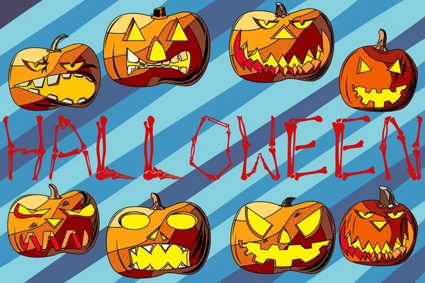 Set de ocho calabazas para Halloween. Fondo de pantalla en la pared para las vacaciones. Inscripción inusual Halloween. Calabazas con diferentes expresiones de emociones . — Vector de stock