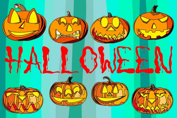 Set de ocho calabazas para Halloween. Fondo de pantalla en la pared para las vacaciones. Inscripción inusual Halloween. Calabazas con diferentes expresiones de emociones . — Archivo Imágenes Vectoriales