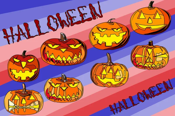 Set de ocho calabazas para Halloween. Fondo de pantalla en la pared para las vacaciones. Inscripción inusual Halloween. Calabazas con diferentes expresiones de emociones . — Vector de stock