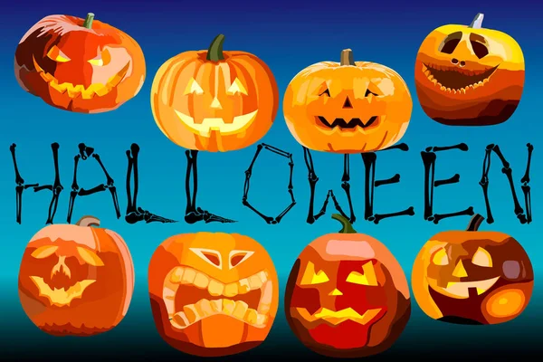Zestaw Ośmiu Dyń Halloween Tapeta Ścianie Wakacje Niezwykła Inskrypcja Halloween — Wektor stockowy