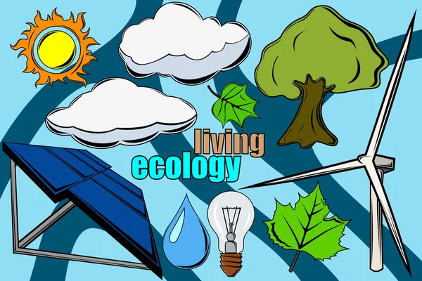 L'immagine dei vari elementi associati alla purezza dell'ecologia. Le fonti energetiche alternative non sono l'ecosistema in bilico. Parco eolico e pannelli solari . — Vettoriale Stock