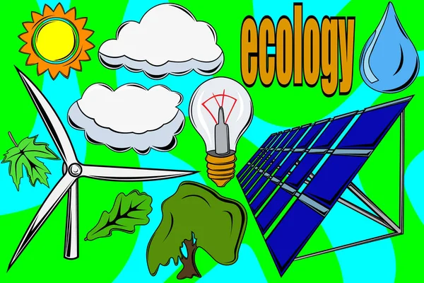 Образ различных элементов, связанных с чистотой экологии. Альтернативные источники энергии не зависают в экосистеме. Ветроэлектростанции и солнечные панели . — стоковый вектор