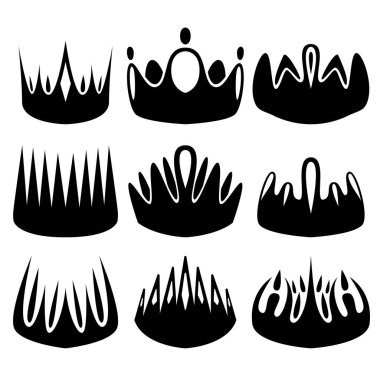 Dokuz farklı ortaçağ tacı seti. İkonların, broşürlerin, afişlerin, logoların çeşitli amaçları için illüstrasyon. Vektör illüstrasyonu.