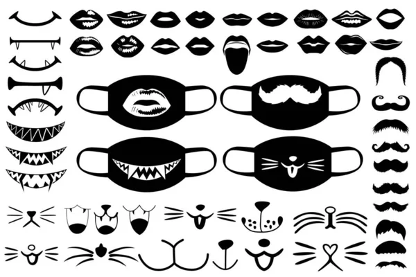 Conjunto Huellas Para Máscaras Médicas Enorme Conjunto Labios Sonrisas Colmillos — Vector de stock