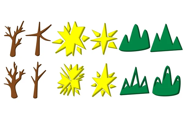 Набор Абстрактных Деревьев Листьев Звезд Гор Трехмерные Иконы Векторная Иллюстрация — стоковый вектор