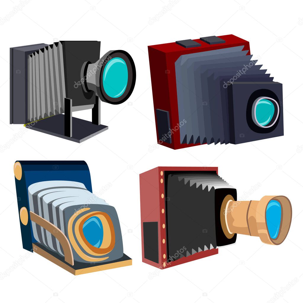 A set of four detailed images of vintage cameras. Vector illustration.
