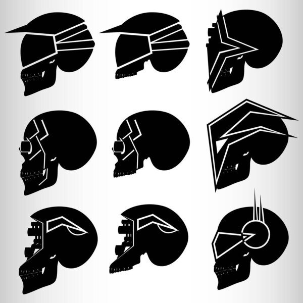 A set of nine skulls in the style of cyberpunk. Set for emblems or tattoos, cyborg skull. Nine emblems in the style of cyberpunk, skulls with implants. Vector illustration.