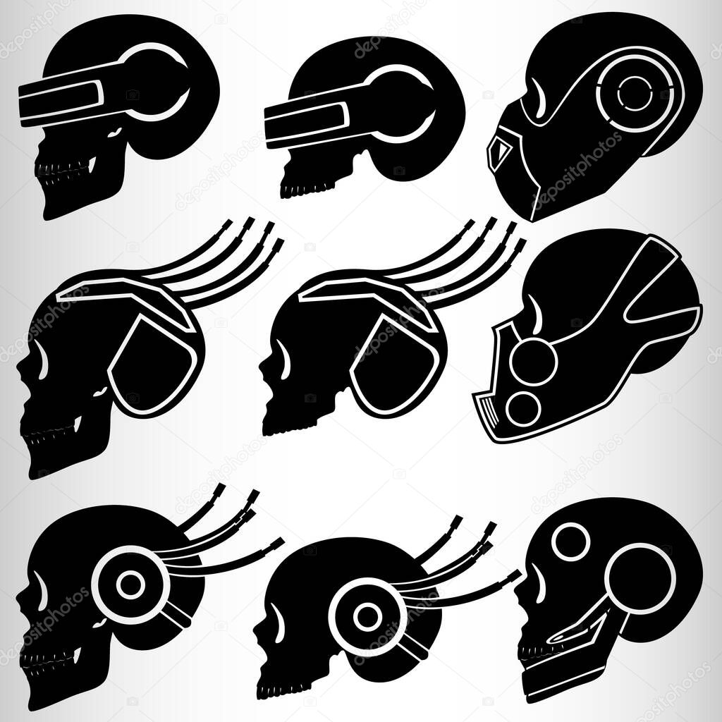 A set of nine skulls in the style of cyberpunk. Set for emblems or tattoos, cyborg skull. Nine emblems in the style of cyberpunk, skulls with implants. Vector illustration.