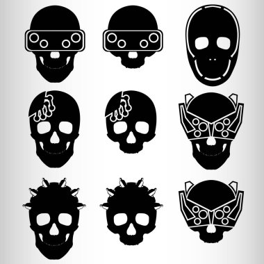 A set of nine skulls in the style of cyberpunk. Set for emblems or tattoos, cyborg skull. Nine emblems in the style of cyberpunk, skulls with implants. Vector illustration. clipart