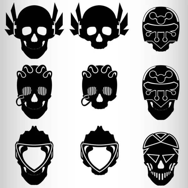 Conjunto Nueve Cráneos Estilo Del Cyberpunk Conjunto Emblemas Tatuajes Cráneo — Vector de stock