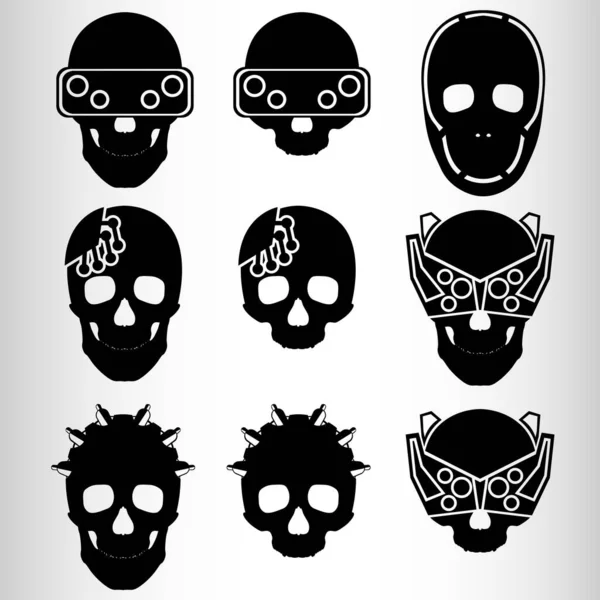 Conjunto Nueve Cráneos Estilo Del Cyberpunk Conjunto Emblemas Tatuajes Cráneo — Vector de stock