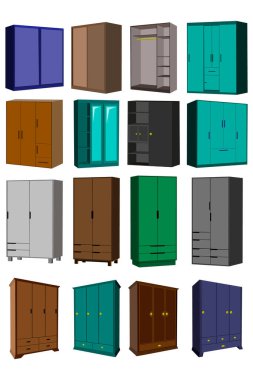 Büyük bir tasarımcının farklı şekillerde ve farklı taraflardan dizayn edilmiş 16 mobilya elemanından oluşan bir set. Gardırop. Vektör illüstrasyonu.