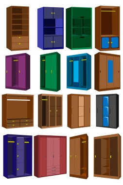 Büyük bir tasarımcının farklı şekillerde ve farklı taraflardan dizayn edilmiş 16 mobilya elemanından oluşan bir set. Gardırop. Vektör illüstrasyonu.