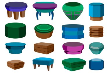 Büyük bir tasarımcının farklı şekillerde ve farklı taraflardan dizayn edilmiş 16 mobilya elemanından oluşan bir set. Bir sürü mobilya. Vektör illüstrasyonu.