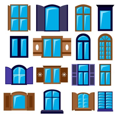 Tasarımcının on altı elementinden oluşan geniş bir set, farklı şekilli pencereler. Vektör illüstrasyonu.
