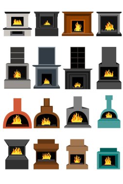 İç mekan için büyük bir 16 şömine seti. Tatiller, pankartlar vesaire için şömineler. Vektör illüstrasyonu.