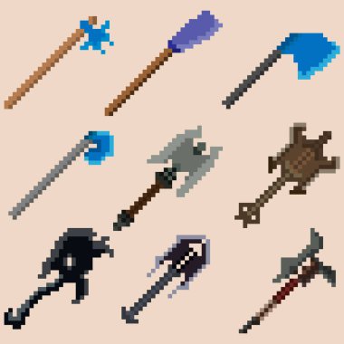 Dokuz piksel eksenli bir set. Simgeler, oyunlar, siteler ve daha fazlası için resim. Vektör illüstrasyonu.