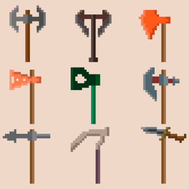 Dokuz piksel eksenli bir set. Simgeler, oyunlar, siteler ve daha fazlası için resim. Vektör illüstrasyonu.