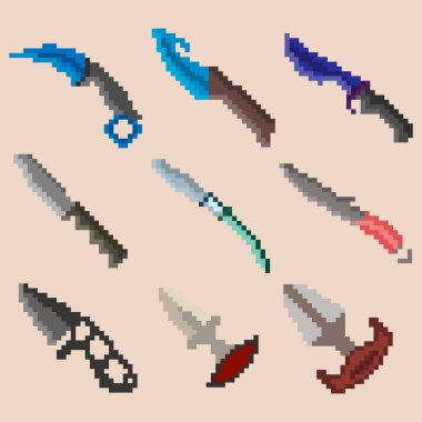 Dokuz piksel savaş bıçağı seti. Simgeler, oyunlar, siteler ve daha fazlası için resim. Vektör illüstrasyonu.