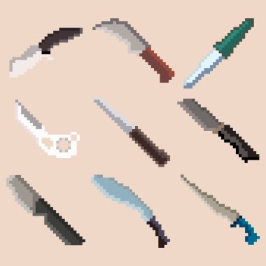 Dokuz piksel savaş bıçağı seti. Simgeler, oyunlar, siteler ve daha fazlası için resim. Vektör illüstrasyonu.