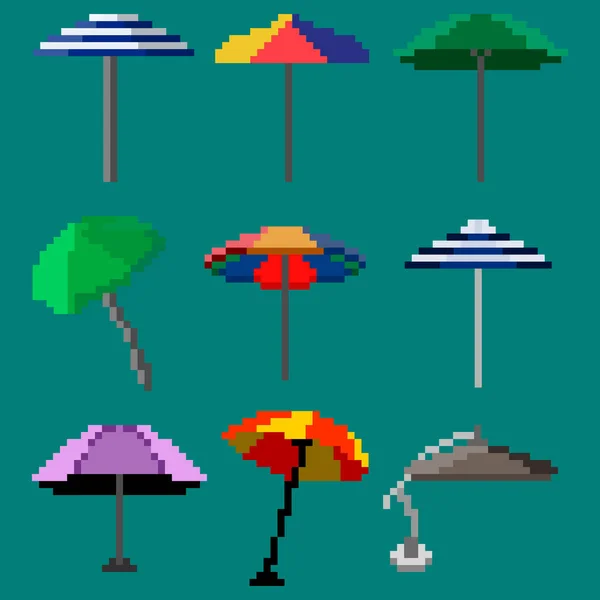 Set Nine Illustration Beach Umbrellas Games Decorations Other Sites Vector — Stock Vector