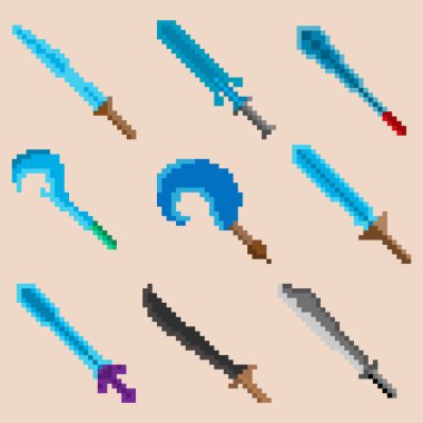 Dokuz piksel savaş kılıcı seti. Simgeler, oyunlar, siteler ve daha fazlası için resim. Vektör illüstrasyonu.