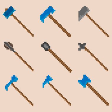 Dokuz piksel savaş çekici seti. Simgeler, oyunlar, siteler ve daha fazlası için resim. Vektör illüstrasyonu.